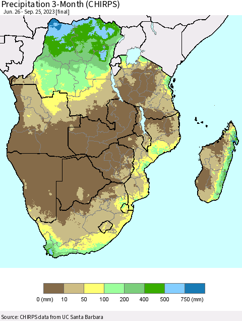 Southern Africa Precipitation 3-Month (CHIRPS) Thematic Map For 6/26/2023 - 9/25/2023