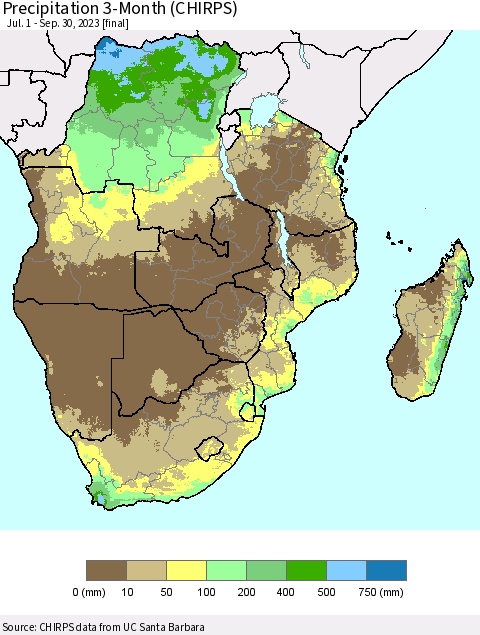 Southern Africa Precipitation 3-Month (CHIRPS) Thematic Map For 7/1/2023 - 9/30/2023