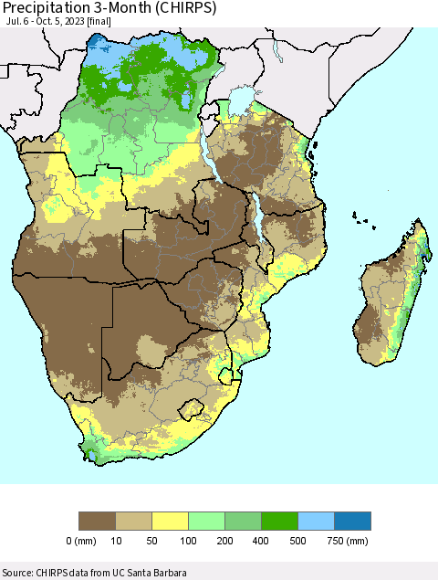 Southern Africa Precipitation 3-Month (CHIRPS) Thematic Map For 7/6/2023 - 10/5/2023