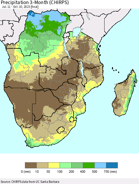 Southern Africa Precipitation 3-Month (CHIRPS) Thematic Map For 7/11/2023 - 10/10/2023