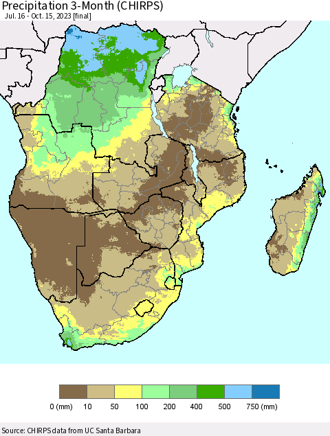 Southern Africa Precipitation 3-Month (CHIRPS) Thematic Map For 7/16/2023 - 10/15/2023