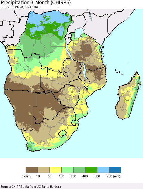 Southern Africa Precipitation 3-Month (CHIRPS) Thematic Map For 7/21/2023 - 10/20/2023