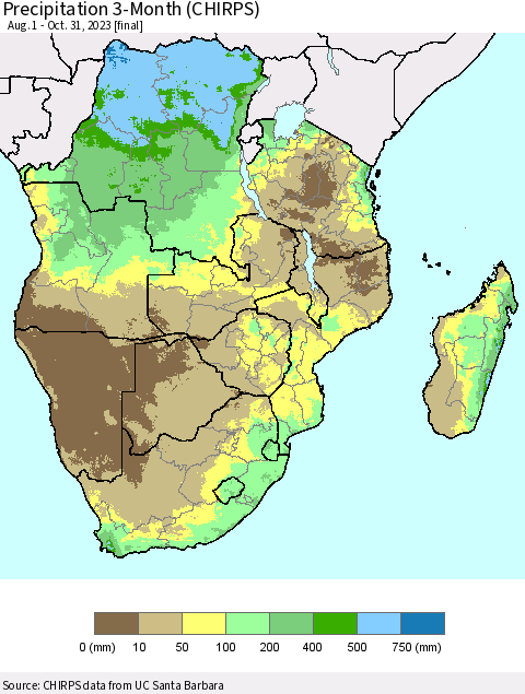 Southern Africa Precipitation 3-Month (CHIRPS) Thematic Map For 8/1/2023 - 10/31/2023
