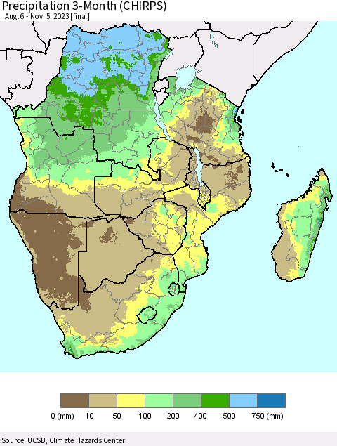 Southern Africa Precipitation 3-Month (CHIRPS) Thematic Map For 8/6/2023 - 11/5/2023