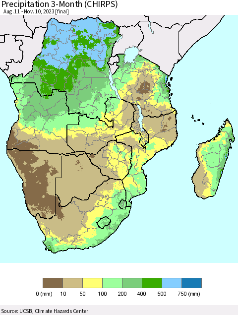 Southern Africa Precipitation 3-Month (CHIRPS) Thematic Map For 8/11/2023 - 11/10/2023