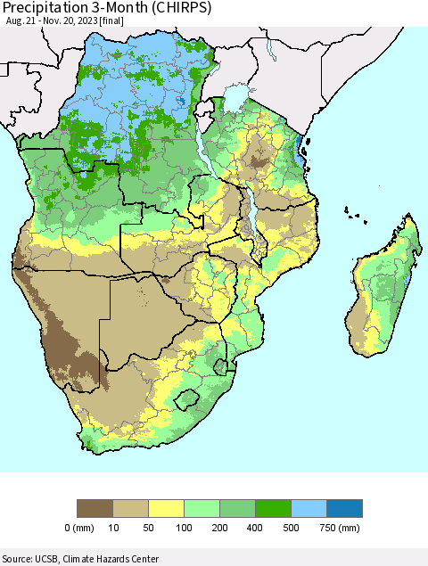 Southern Africa Precipitation 3-Month (CHIRPS) Thematic Map For 8/21/2023 - 11/20/2023