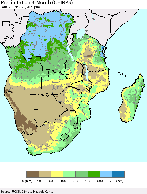 Southern Africa Precipitation 3-Month (CHIRPS) Thematic Map For 8/26/2023 - 11/25/2023