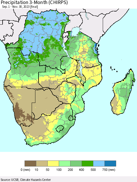 Southern Africa Precipitation 3-Month (CHIRPS) Thematic Map For 9/1/2023 - 11/30/2023