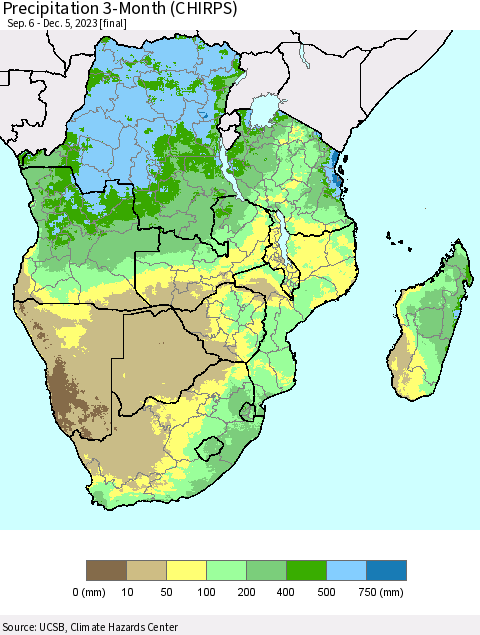 Southern Africa Precipitation 3-Month (CHIRPS) Thematic Map For 9/6/2023 - 12/5/2023