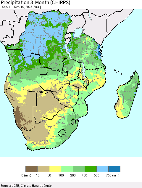 Southern Africa Precipitation 3-Month (CHIRPS) Thematic Map For 9/11/2023 - 12/10/2023