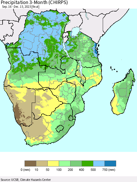Southern Africa Precipitation 3-Month (CHIRPS) Thematic Map For 9/16/2023 - 12/15/2023