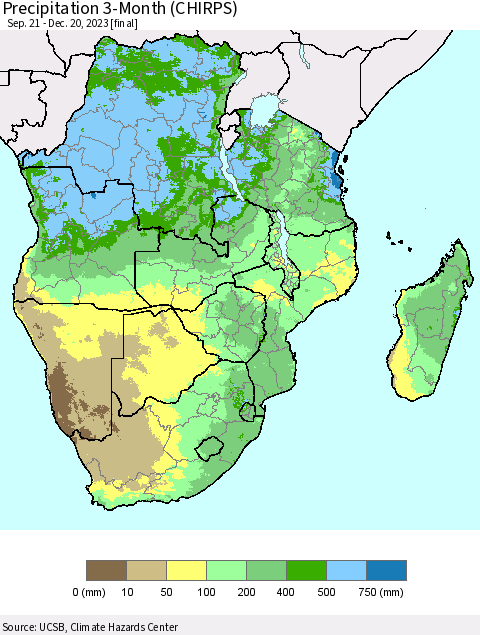 Southern Africa Precipitation 3-Month (CHIRPS) Thematic Map For 9/21/2023 - 12/20/2023