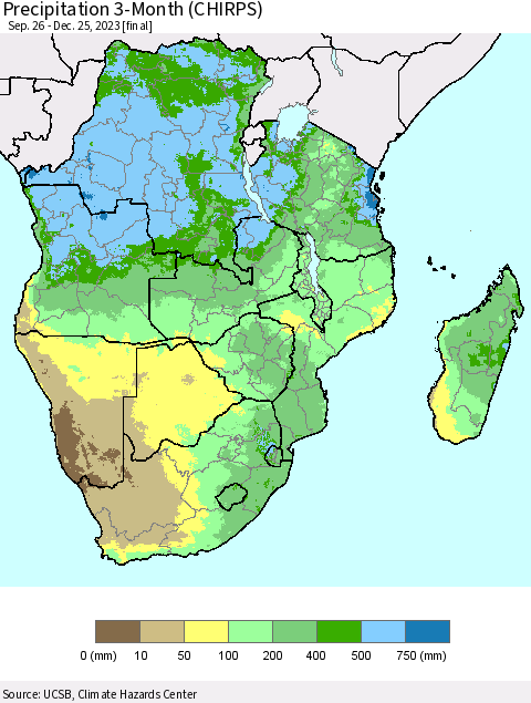 Southern Africa Precipitation 3-Month (CHIRPS) Thematic Map For 9/26/2023 - 12/25/2023