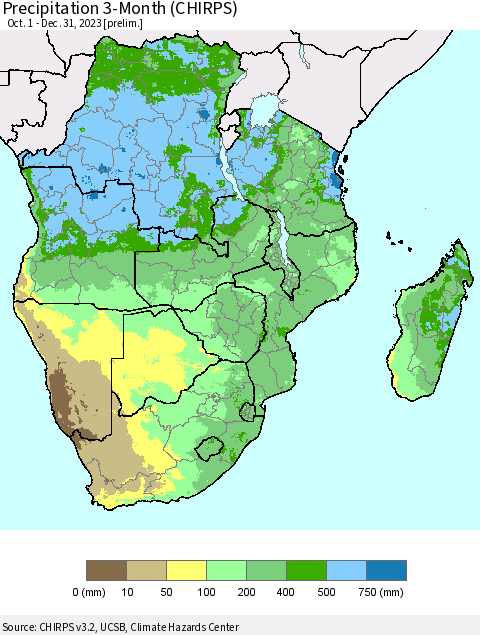 Southern Africa Precipitation 3-Month (CHIRPS) Thematic Map For 10/1/2023 - 12/31/2023