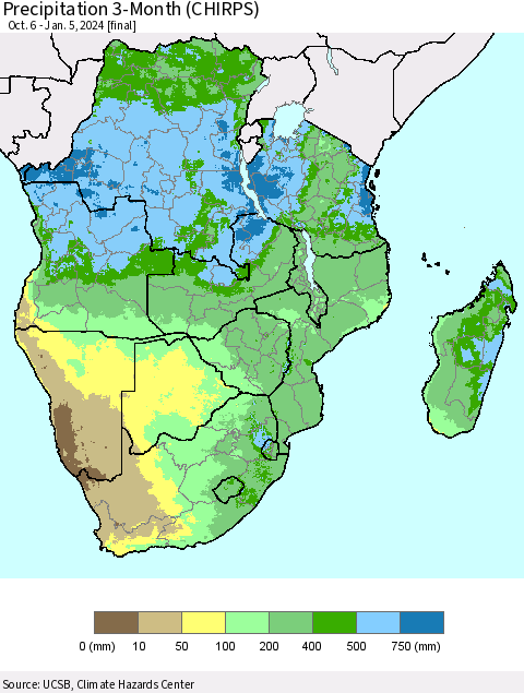 Southern Africa Precipitation 3-Month (CHIRPS) Thematic Map For 10/6/2023 - 1/5/2024