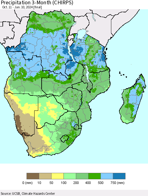 Southern Africa Precipitation 3-Month (CHIRPS) Thematic Map For 10/11/2023 - 1/10/2024