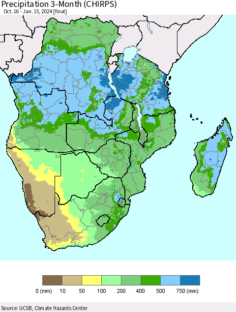Southern Africa Precipitation 3-Month (CHIRPS) Thematic Map For 10/16/2023 - 1/15/2024