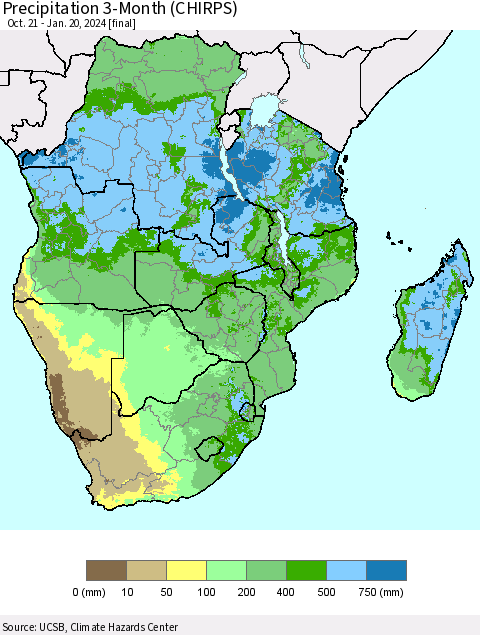 Southern Africa Precipitation 3-Month (CHIRPS) Thematic Map For 10/21/2023 - 1/20/2024