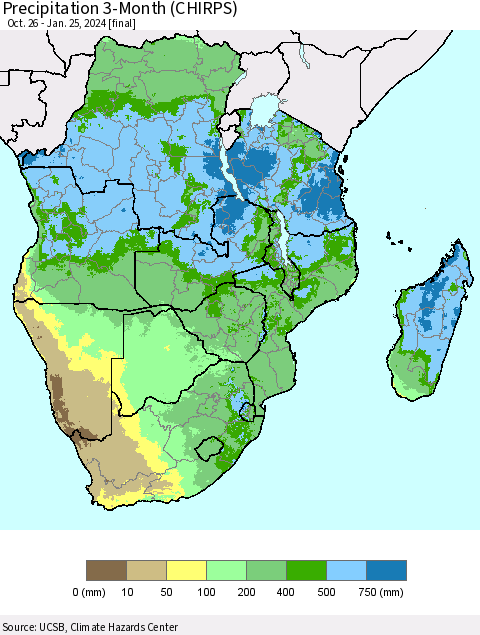 Southern Africa Precipitation 3-Month (CHIRPS) Thematic Map For 10/26/2023 - 1/25/2024
