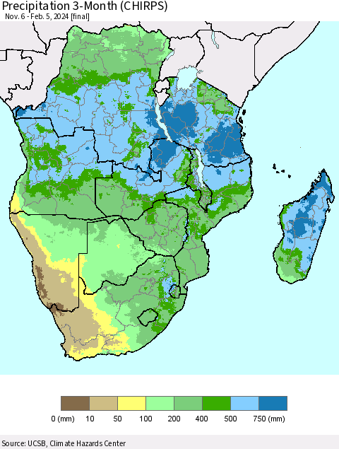 Southern Africa Precipitation 3-Month (CHIRPS) Thematic Map For 11/6/2023 - 2/5/2024