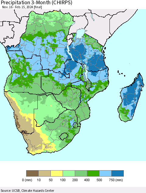 Southern Africa Precipitation 3-Month (CHIRPS) Thematic Map For 11/16/2023 - 2/15/2024