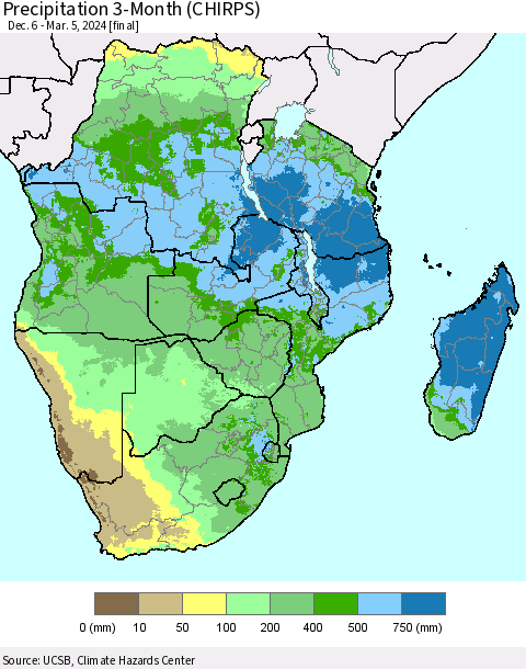Southern Africa Precipitation 3-Month (CHIRPS) Thematic Map For 12/6/2023 - 3/5/2024