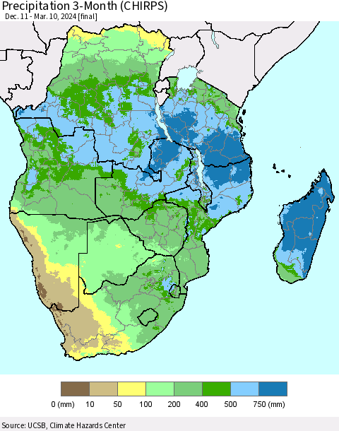 Southern Africa Precipitation 3-Month (CHIRPS) Thematic Map For 12/11/2023 - 3/10/2024