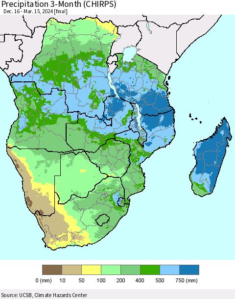Southern Africa Precipitation 3-Month (CHIRPS) Thematic Map For 12/16/2023 - 3/15/2024