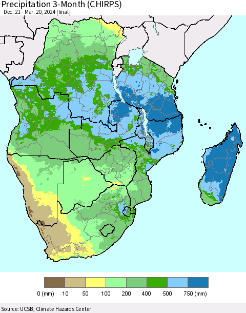 Southern Africa Precipitation 3-Month (CHIRPS) Thematic Map For 12/21/2023 - 3/20/2024