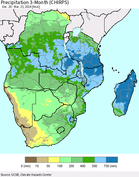 Southern Africa Precipitation 3-Month (CHIRPS) Thematic Map For 12/26/2023 - 3/25/2024