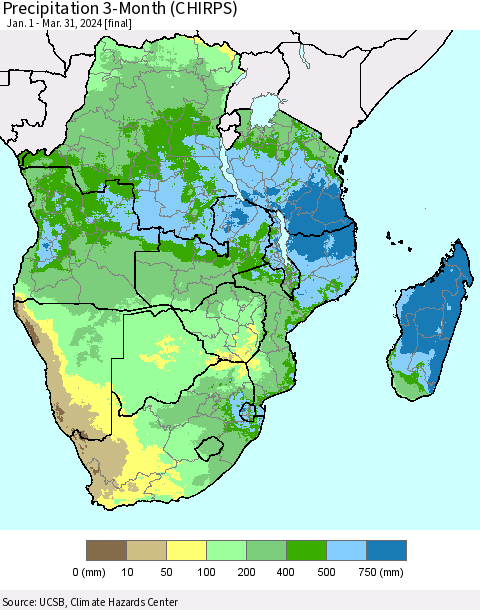 Southern Africa Precipitation 3-Month (CHIRPS) Thematic Map For 1/1/2024 - 3/31/2024