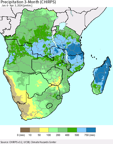 Southern Africa Precipitation 3-Month (CHIRPS) Thematic Map For 1/6/2024 - 4/5/2024