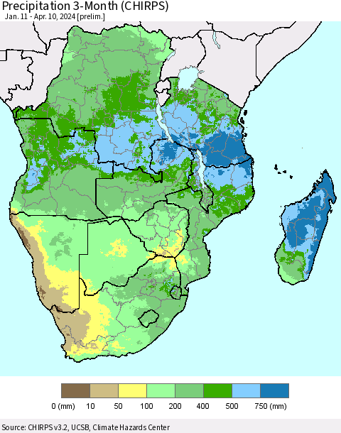 Southern Africa Precipitation 3-Month (CHIRPS) Thematic Map For 1/11/2024 - 4/10/2024