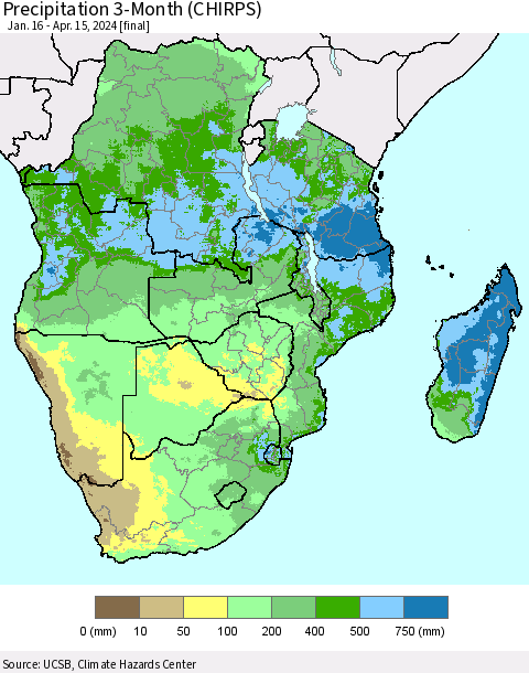 Southern Africa Precipitation 3-Month (CHIRPS) Thematic Map For 1/16/2024 - 4/15/2024