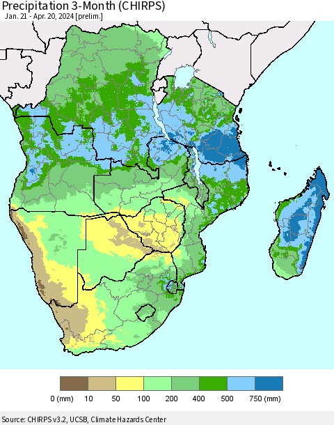 Southern Africa Precipitation 3-Month (CHIRPS) Thematic Map For 1/21/2024 - 4/20/2024