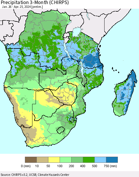 Southern Africa Precipitation 3-Month (CHIRPS) Thematic Map For 1/26/2024 - 4/25/2024