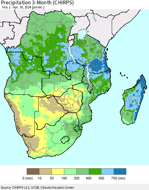 Southern Africa Precipitation 3-Month (CHIRPS) Thematic Map For 2/1/2024 - 4/30/2024