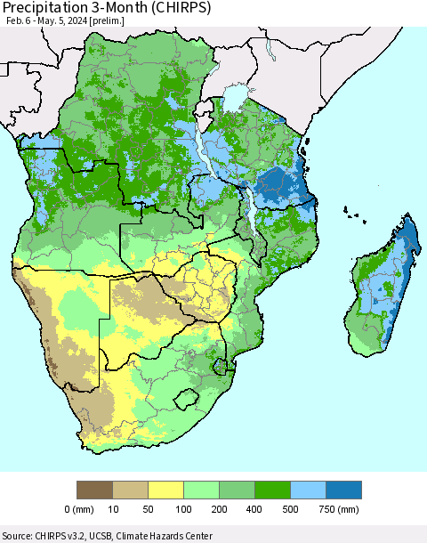 Southern Africa Precipitation 3-Month (CHIRPS) Thematic Map For 2/6/2024 - 5/5/2024