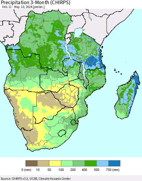 Southern Africa Precipitation 3-Month (CHIRPS) Thematic Map For 2/11/2024 - 5/10/2024