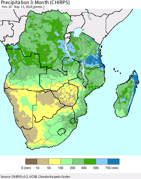 Southern Africa Precipitation 3-Month (CHIRPS) Thematic Map For 2/16/2024 - 5/15/2024