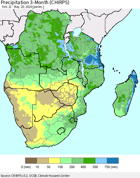 Southern Africa Precipitation 3-Month (CHIRPS) Thematic Map For 2/21/2024 - 5/20/2024