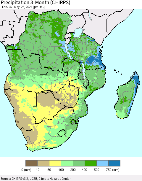 Southern Africa Precipitation 3-Month (CHIRPS) Thematic Map For 2/26/2024 - 5/25/2024