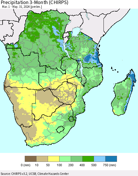 Southern Africa Precipitation 3-Month (CHIRPS) Thematic Map For 3/1/2024 - 5/31/2024