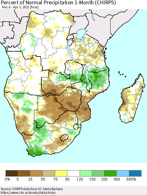 Southern Africa Percent of Normal Precipitation 1-Month (CHIRPS) Thematic Map For 3/6/2021 - 4/5/2021