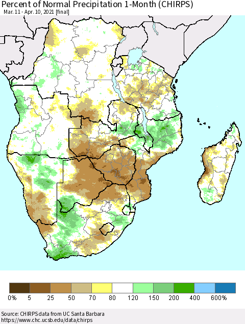Southern Africa Percent of Normal Precipitation 1-Month (CHIRPS) Thematic Map For 3/11/2021 - 4/10/2021