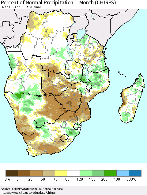 Southern Africa Percent of Normal Precipitation 1-Month (CHIRPS) Thematic Map For 3/16/2021 - 4/15/2021