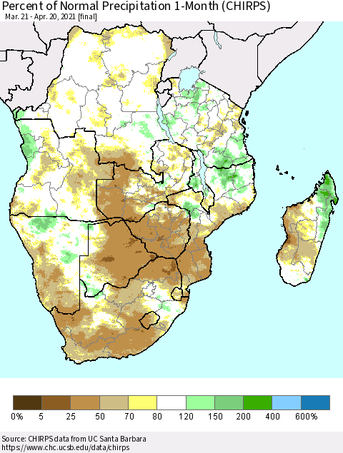 Southern Africa Percent of Normal Precipitation 1-Month (CHIRPS) Thematic Map For 3/21/2021 - 4/20/2021