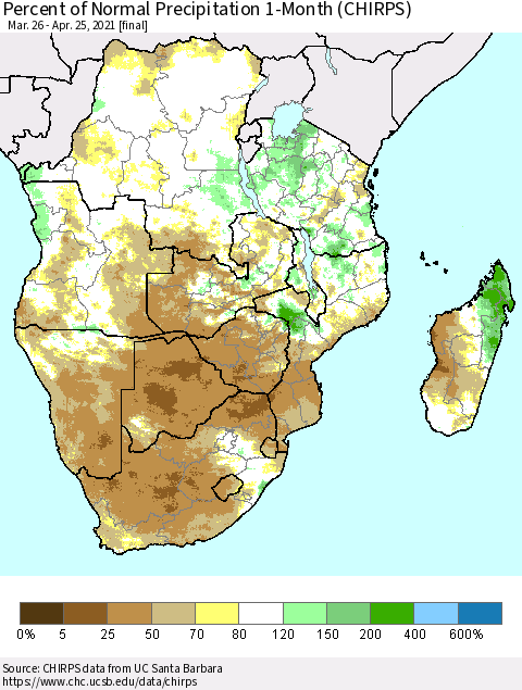 Southern Africa Percent of Normal Precipitation 1-Month (CHIRPS) Thematic Map For 3/26/2021 - 4/25/2021