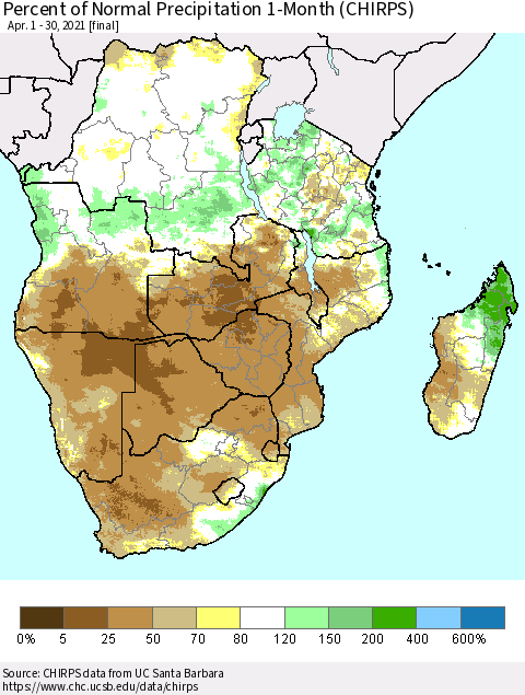 Southern Africa Percent of Normal Precipitation 1-Month (CHIRPS) Thematic Map For 4/1/2021 - 4/30/2021