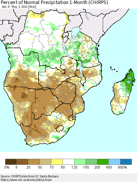 Southern Africa Percent of Normal Precipitation 1-Month (CHIRPS) Thematic Map For 4/6/2021 - 5/5/2021